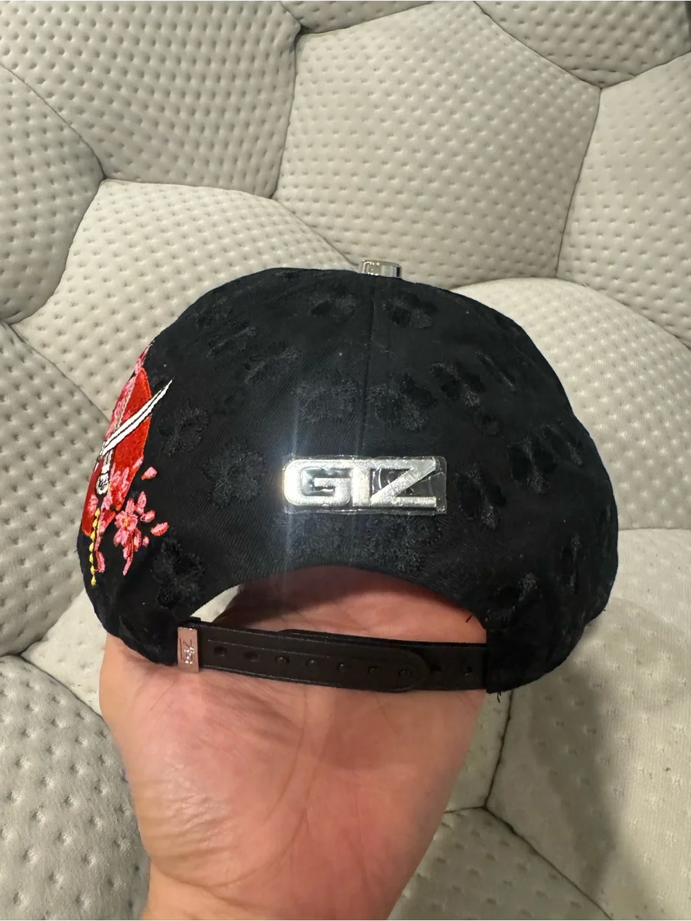 Black Baseball LA Cap with Rhinestones Pink Dragon Embroidery and Cherry Blossom